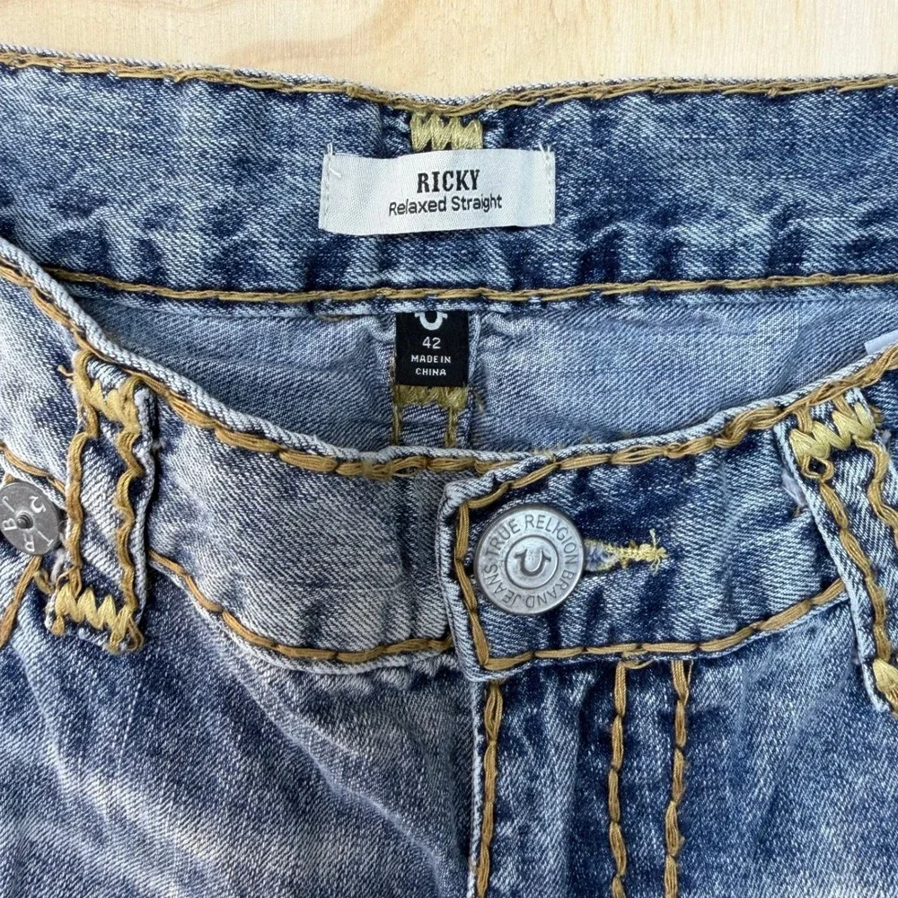 True Religion Ricky Relaxed Straight Blue Big T Stitch Jeans Mens 42 106155‎